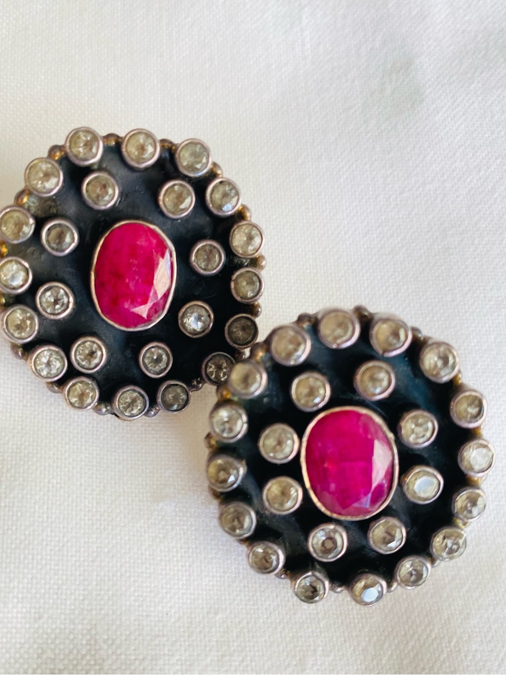 Vintage Ruby Red Crystal Statement Earrings Antiqued Silver Old Money